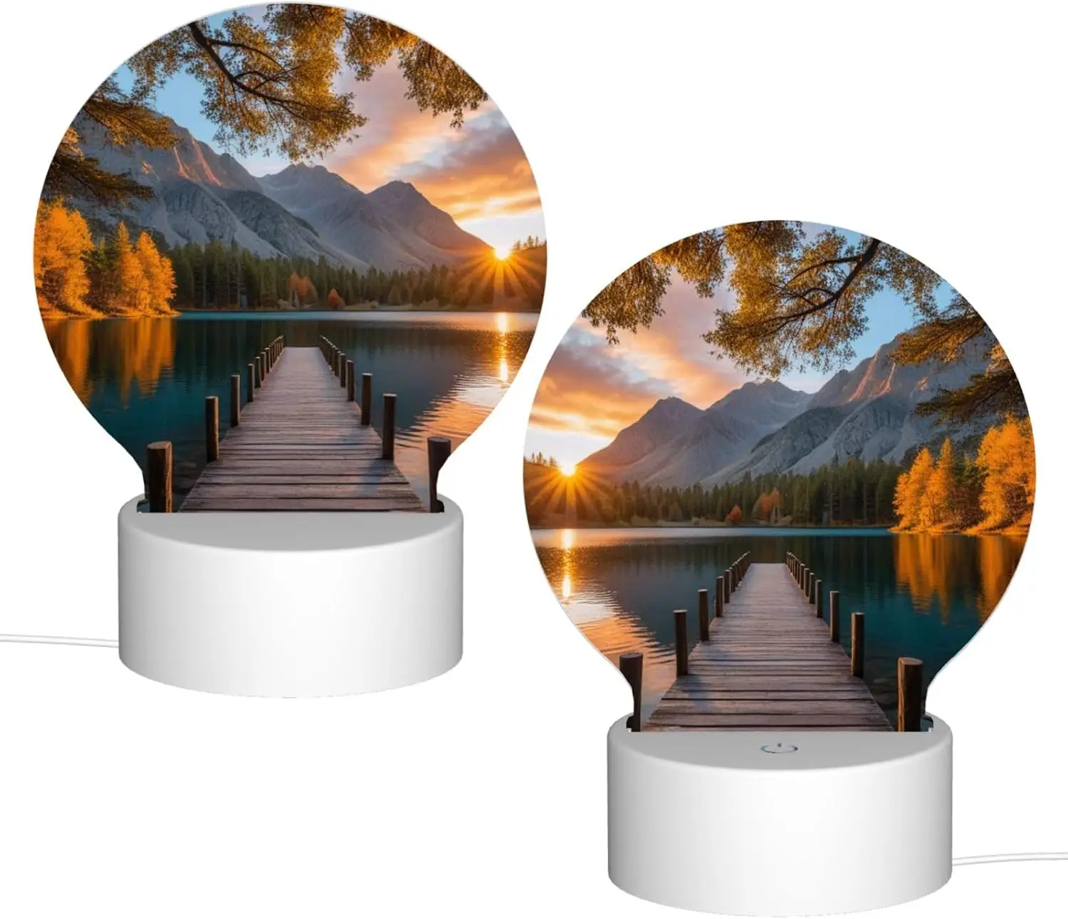 Round Acrylic Night Light, USB Plug-in, Sunset Stunning Lake Bridge Printed Cute Dimmable Led Light, Elegant Ideal for Bedroom Gifts
