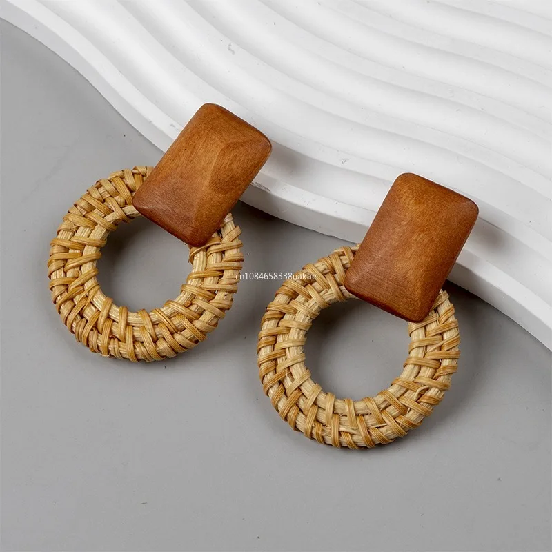 New Fashion Bamboo Wooden Straw Weave Rattan Knit Vine Geometric Round Triangle Long Earrings Bohemian for Women Party Jewelry