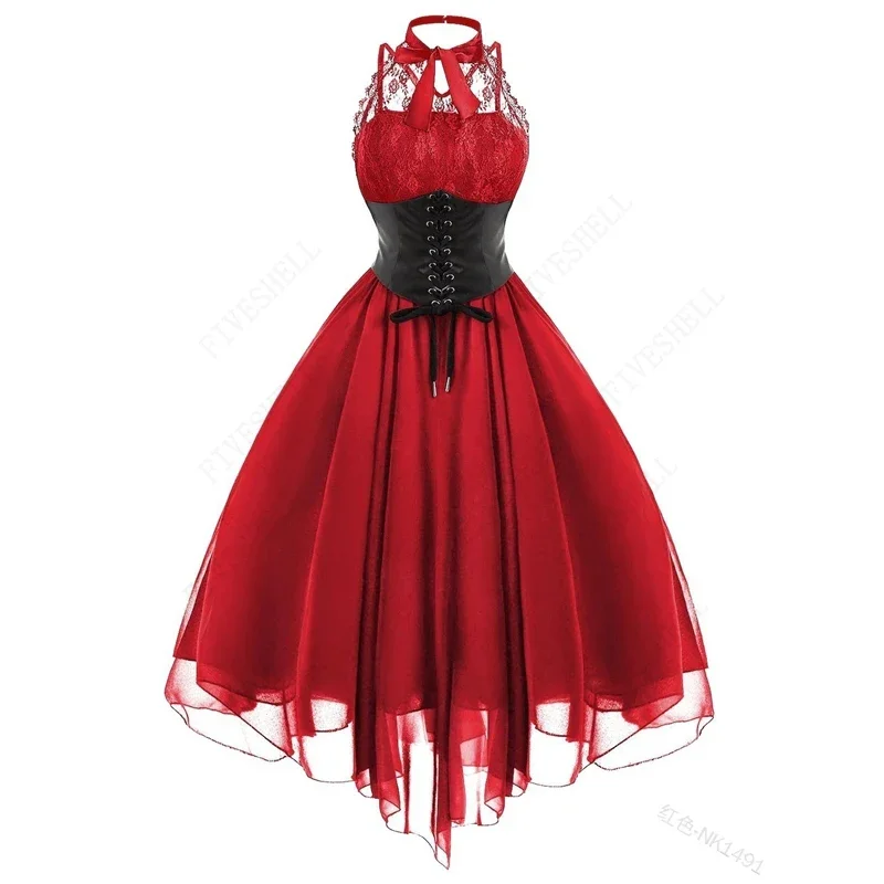 2023 Women Gothic Punk Vintage Party Dresses Sleeveless Cross Back Lace Patchwork Halter Lace Up Court Corset Swing Dress