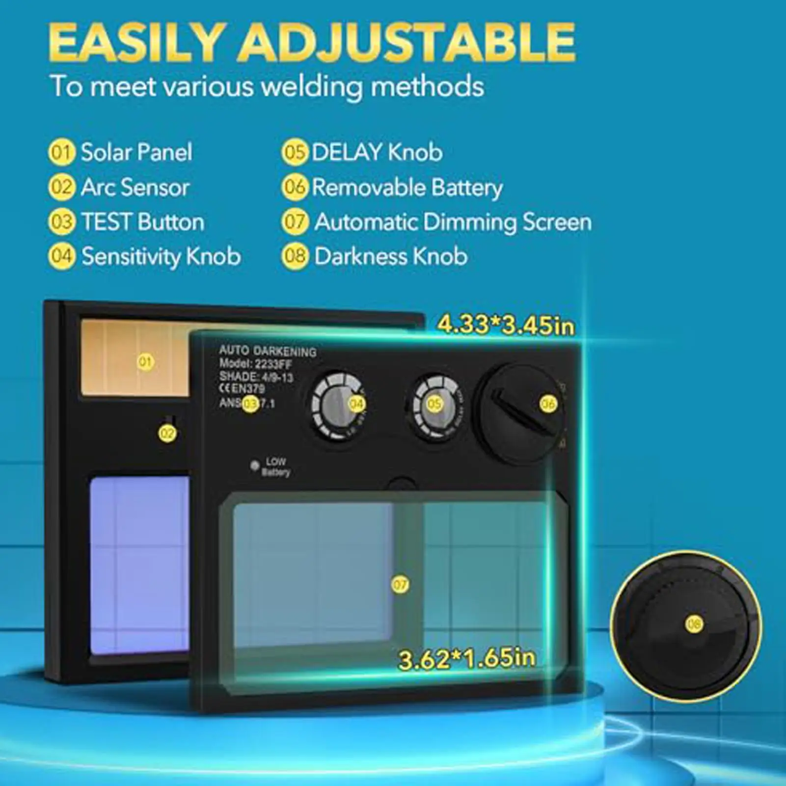 自動遮光溶接ヘルメット、調整可能なフェイスシールドヘッドカバー、ライト付き溶接ヘッドギア、作業場、ガレージ、現場、自動車用