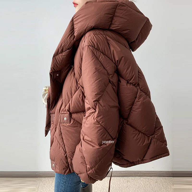 Winter New Fashion 90% White Duck Down Short Jacket Women Thick Warm Loose Cocoon Type Hooded Diamond Puffer Coat Outwear