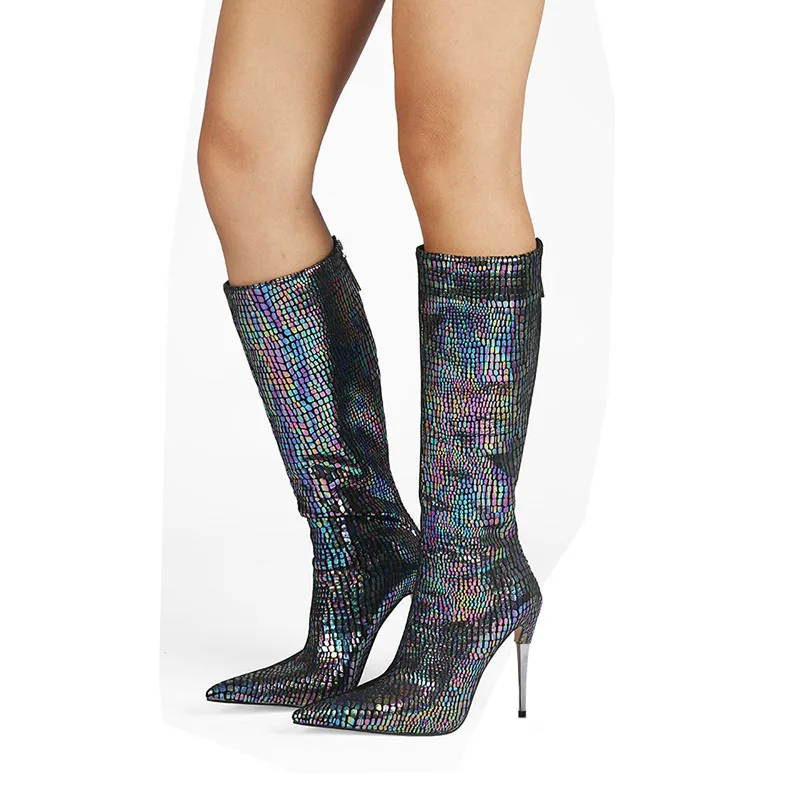 Sexy Intrigue Peacock Blue Embossed Sequins Knee Boots Metal Stiletto High Heels Pointed Toe Slip On Woman Performance Boots