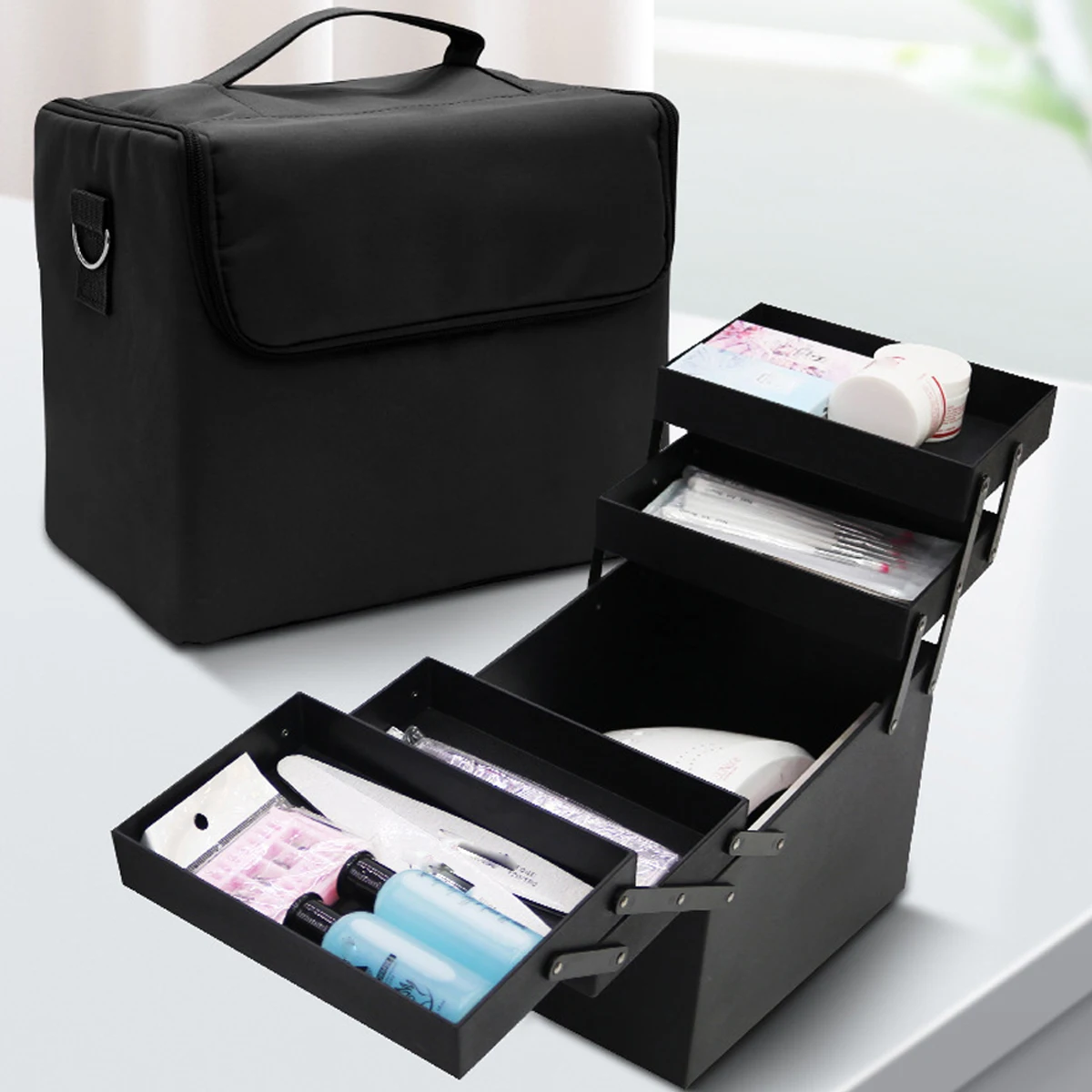 Folding Manicurist Toolbox Portable Cosmetic Bag Travel Makeup Case