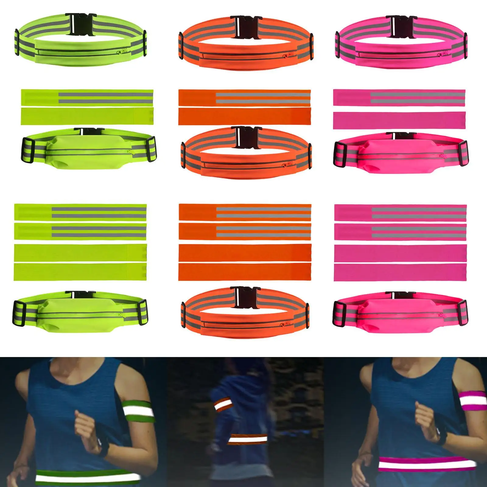 Reflective Belt Running Waist Pouch Elastic Fit High Visibility Glow Strap for Night Walking Hiking and Biking