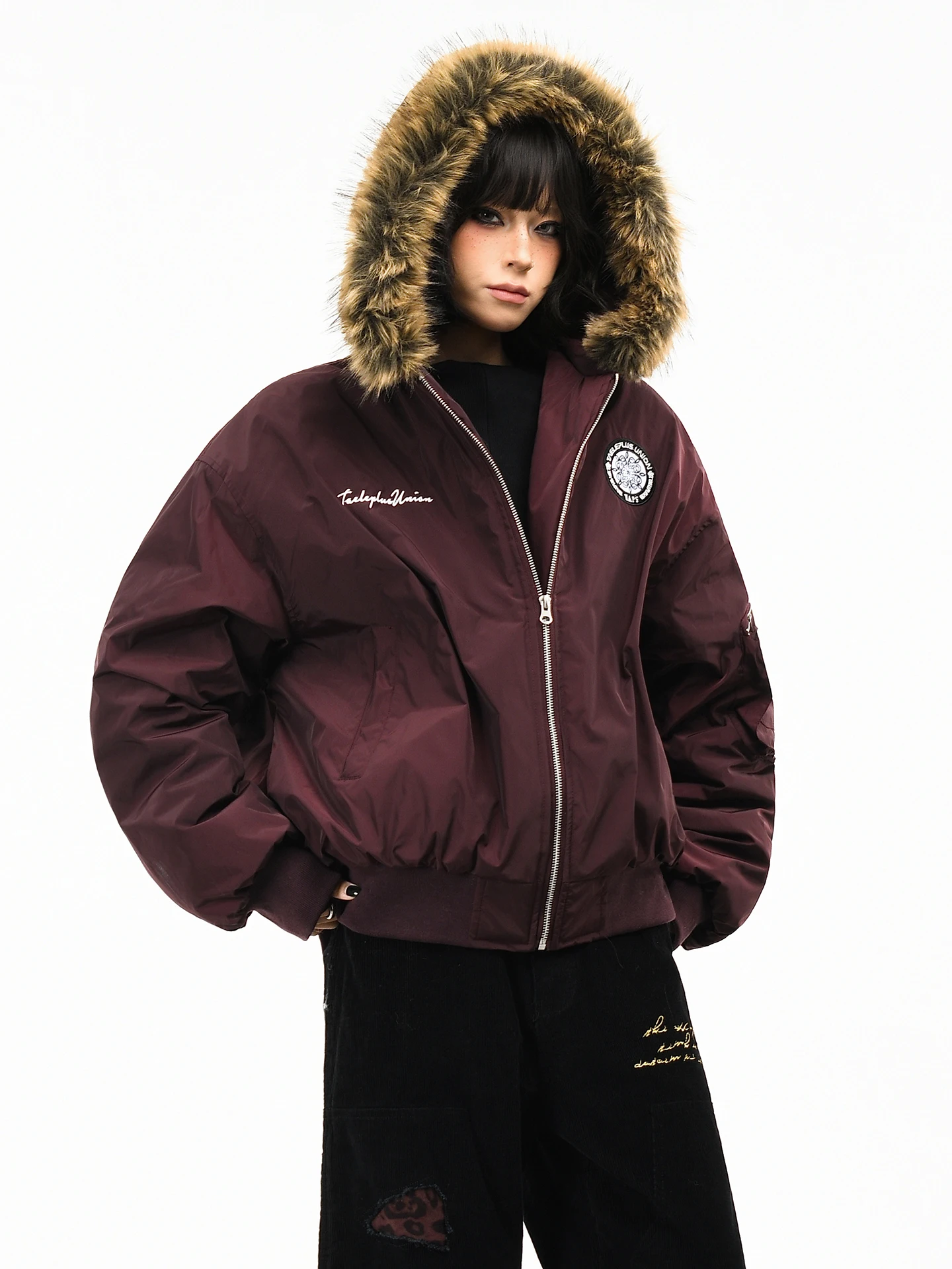 

OV Original American Bae Embroidered Loose Parka Cotton Jaet Men Winter Warm Coat with Fur Collar Street Sle Hip Hop