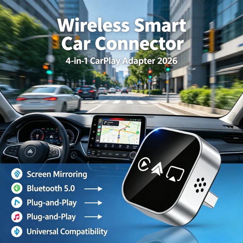 2026 New Upgraded 4‑in‑1 CarPlay Adapter, Wireless Bluetooth, Screen Mirroring, Smart Plug‑and‑Play Car Adapter