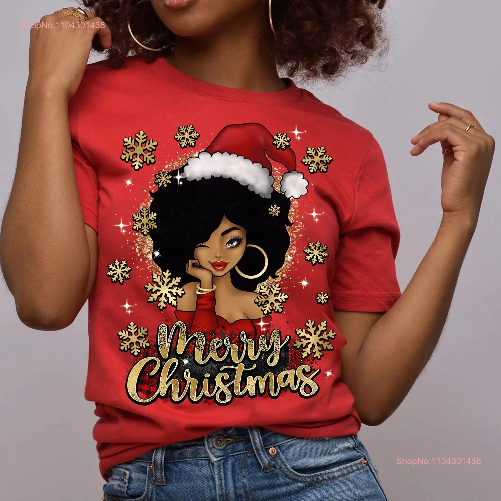 Black African American Women Merry Christmas T Shirt Holiday Festive for Her long or short sleeves