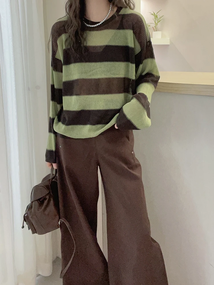 WHTREND Sweter damski w paski z dzianiny, okrągły dekolt, długie rękawy, blok kolorów, luźny, elegancki pulower, modny, jesień-zima, nowy WH1622