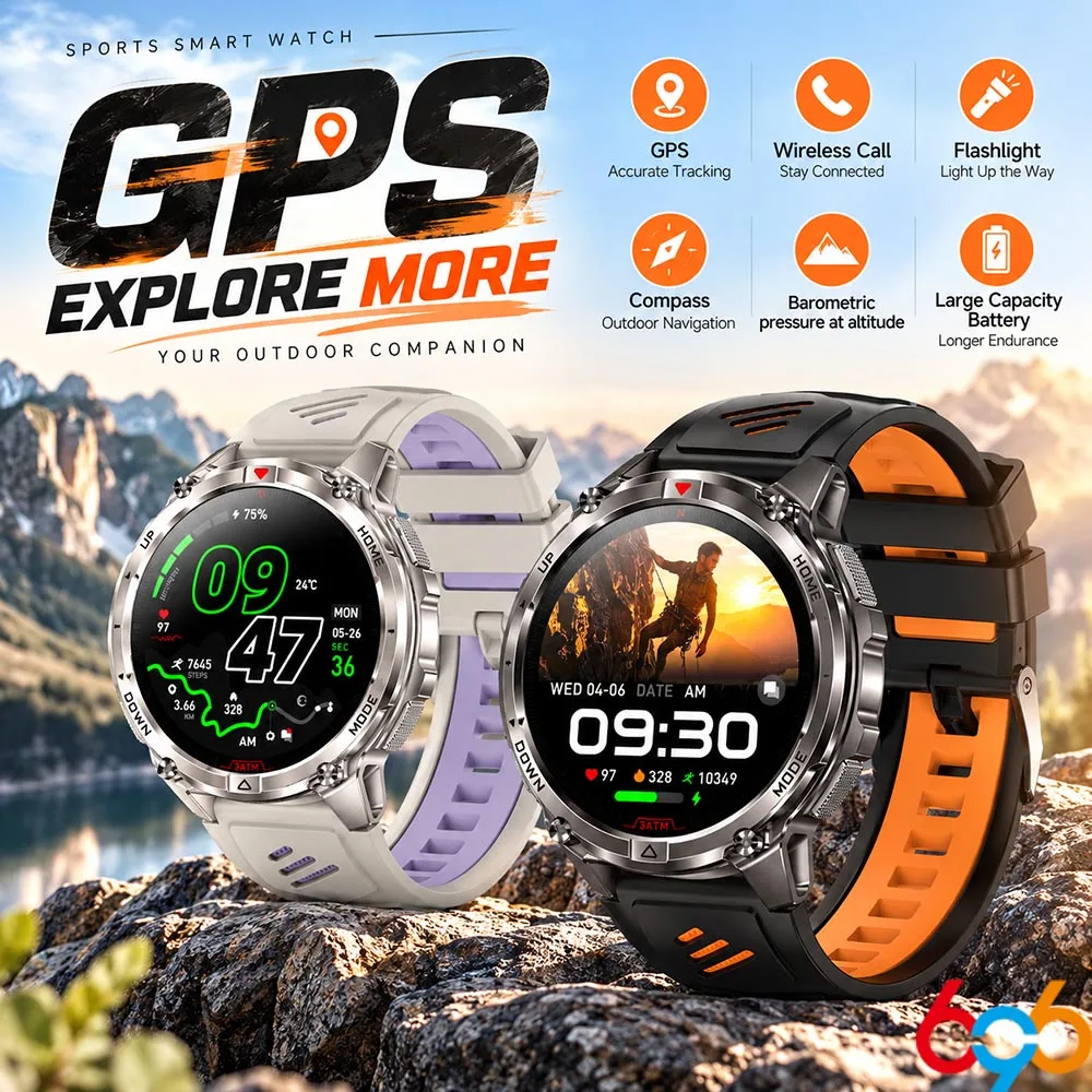 GPS Smart Watch Man Waterproof Heart Rate Health Smartwatch Outdoors Compass Flashlight Blue Tooth Call Sports Watches 680mAh