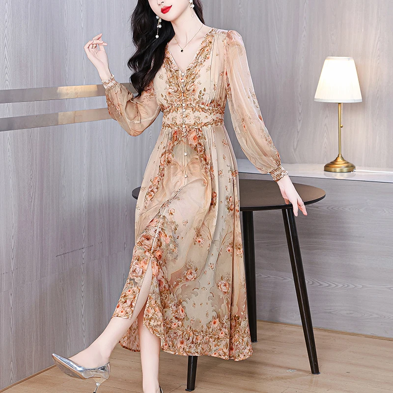 Summer Luxury Silk Floral Beach Midi Dress Women's Vintage Elegant Evening Prom Dress Spring Holiday Boho Hepburn Vessios XQ286