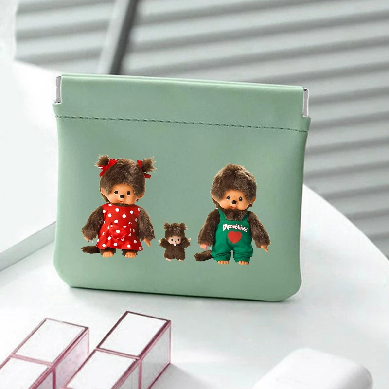 Cute Monchhichis Leather Mini Makeup Bag Fashion Portable SquareJewelry Cosmetics Storage Bags Cartoon Exquisite Printed Pouch