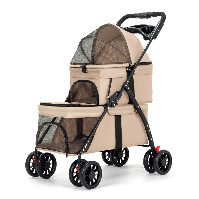 Double-decker Two-tier Foldable Lightweight Detachable Dog Cat Pet Stroller Four-Wheel Zipper Closure Outdoor Use