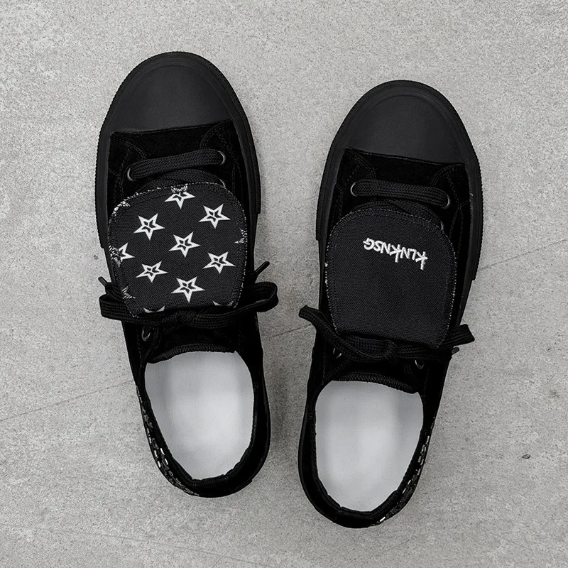 Men's black canvas shoes with rivets, thick-soled, height-increasing, versatile everyday sneakers with flip cover