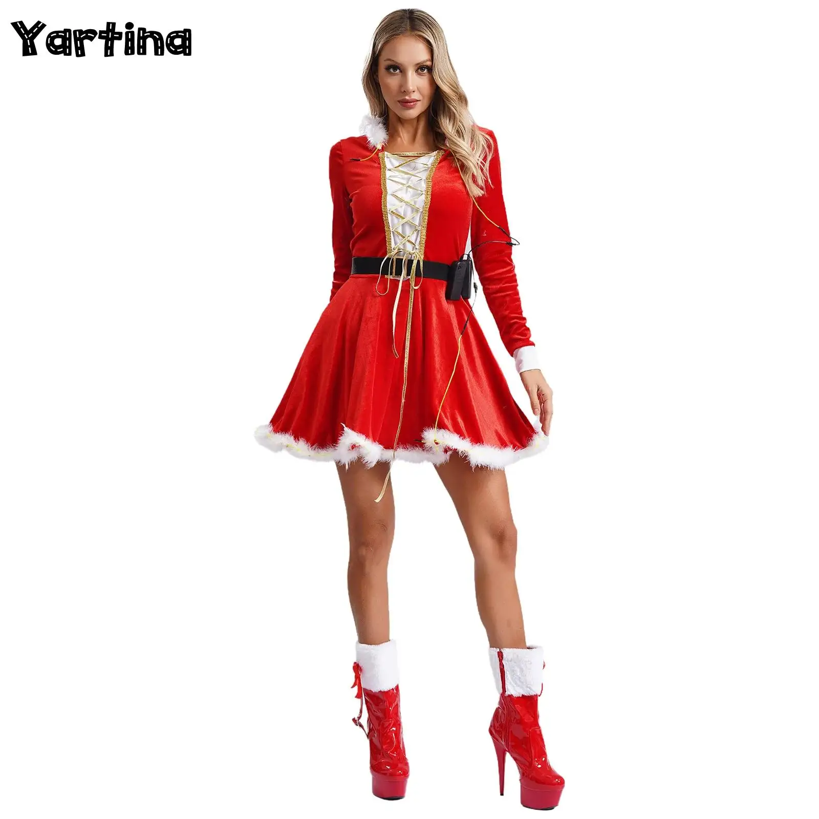 

Womens Adult Christmas Santa Claus Dress Xmas Cosplay Costume Front Criss-cross Plush Trimming Tutu Dress with Elastic Belt