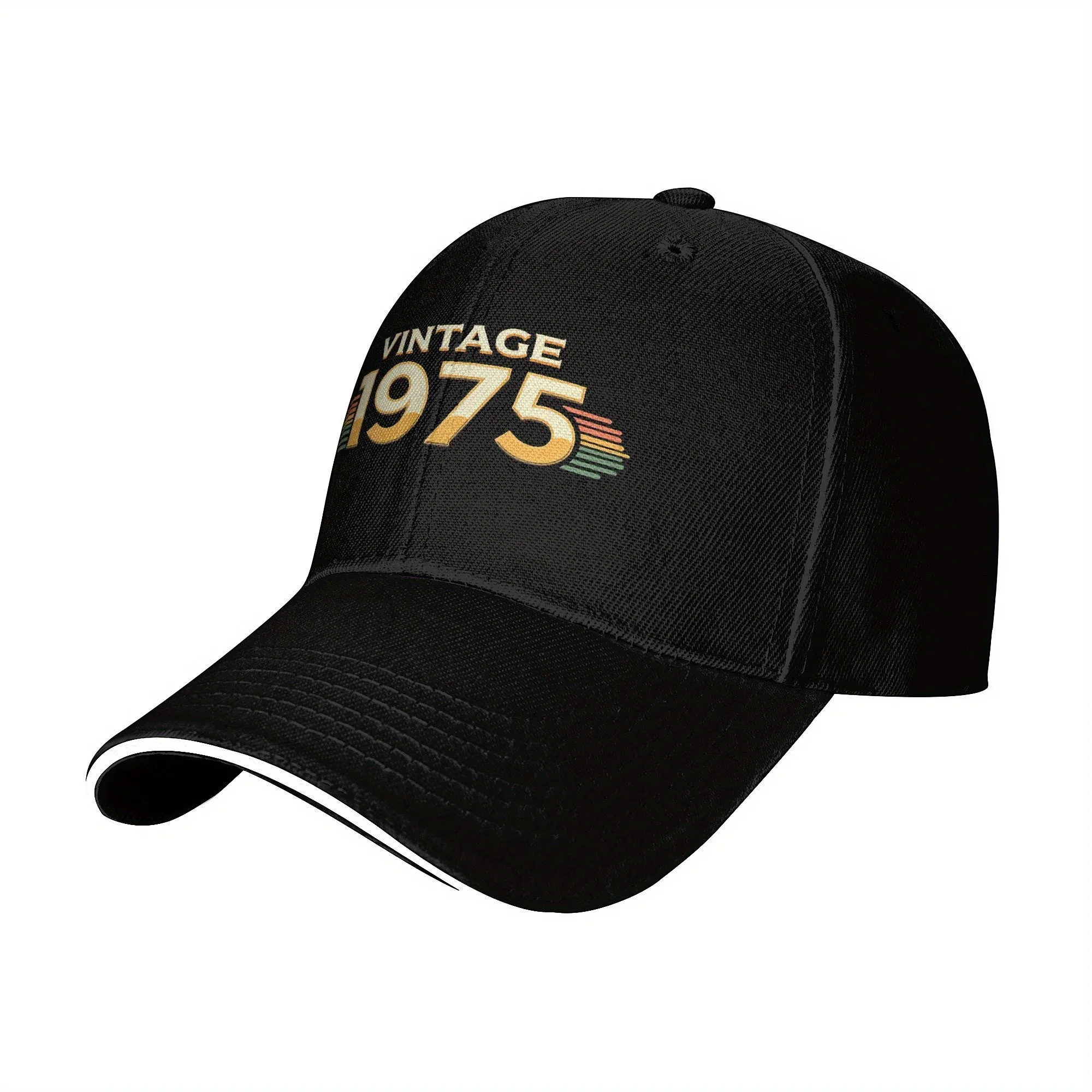 Baseball Cap Vintage 1975 - Black Trucker Dad Hat with Golden & Blue Stripes, Unisex Outdoor Sun Cap, Perfect 50th Birthday Gift