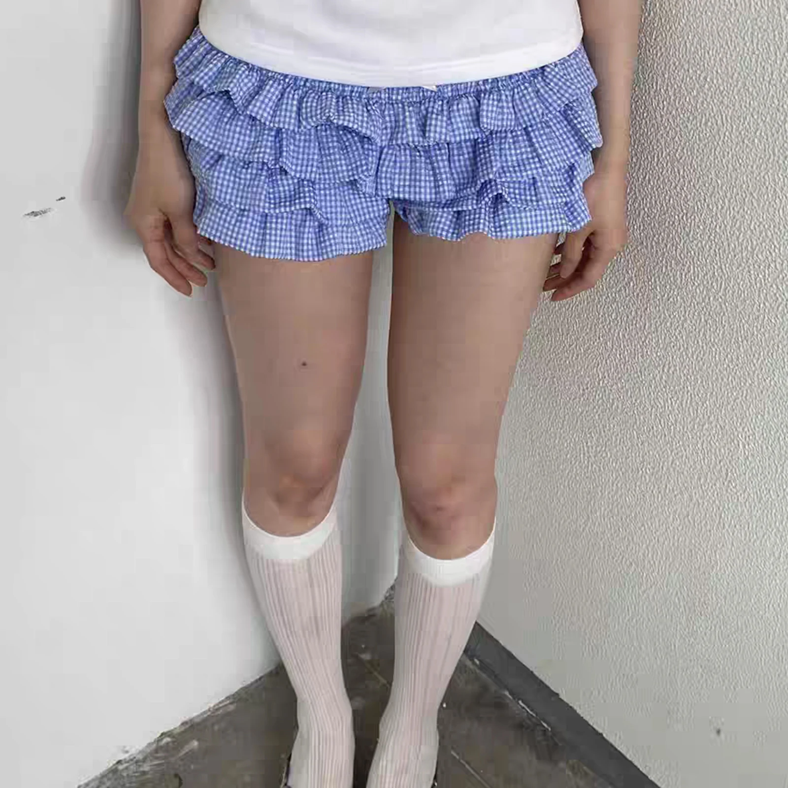 Shorts de babados em camadas doces para mulheres, cintura baixa elástica, bloomers estampados xadrez, fantasia cosplay lolita, moda