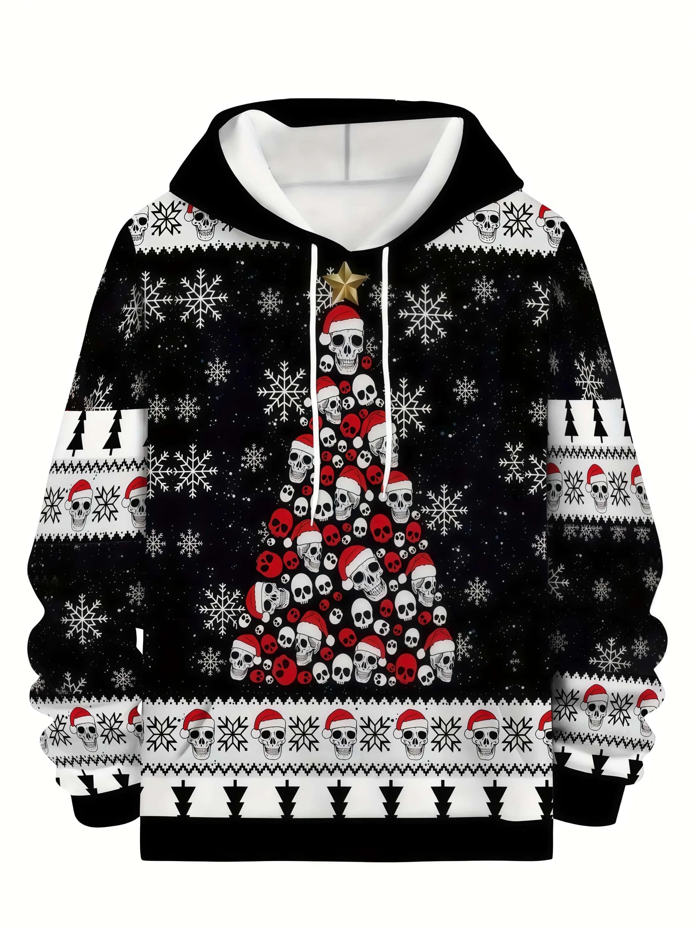 Goth Gothic Christmas Hat  Skull  Christmas Tree Print  Hooded Hoodie  Niche Personality  Holiday Loose Top for Men and Women