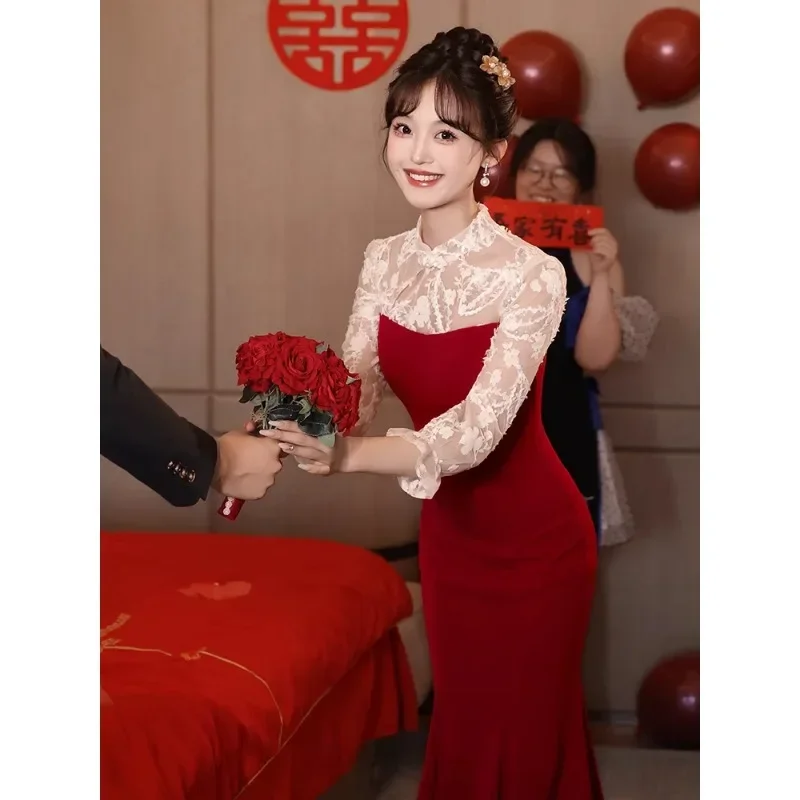 Vestido feminino de renda com peixe manga comprida, cheongsam doce emendado, vestidos de festa tradicional chinesa Qipao, outono, 2023