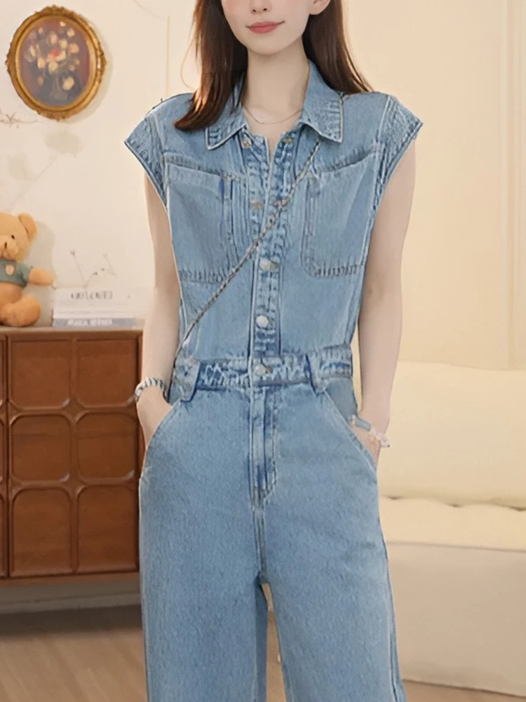 Niebieskie jeansowe spodnie jednoczęściowe damskie, proste nogawki, wysoki stan, spodnie na lato 2025, koreański styl, luźne, wyszczuplające.