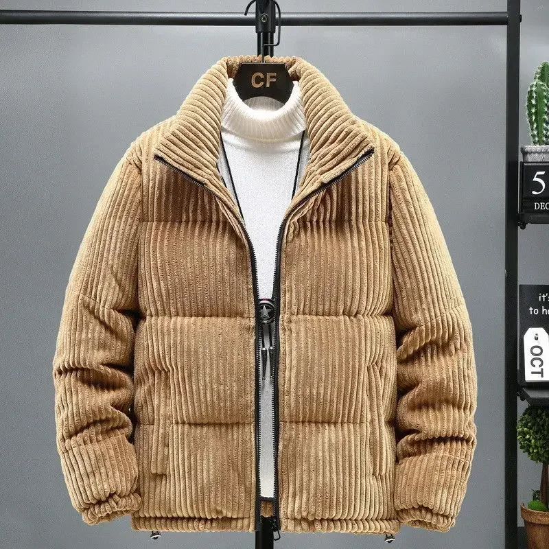 Jaqueta de veludo quente masculina, roupa de inverno, grossa, vintage, casual, solta, gola alta, zíper, algodão acolchoado, casaco de parka