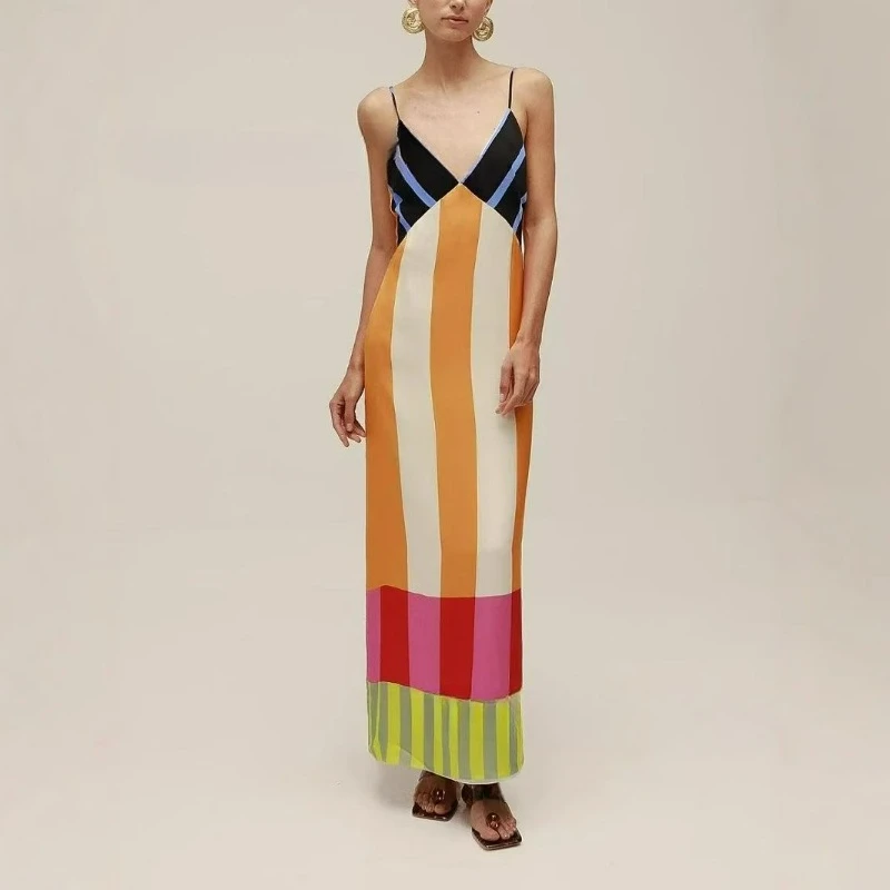 2026 Summer New Style Fashion Cross-border Women's Clothing Sexy Striped with V-neck Color-blocking Slimming Split Halter Dress
