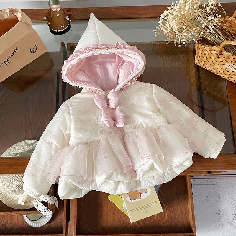 

Осенне-зимняя модная теплая сетчатая утепленная куртка с бантом, корейский детский хлопковый топ, бархатное пальто с капюшоном для девочек, 2025 г.