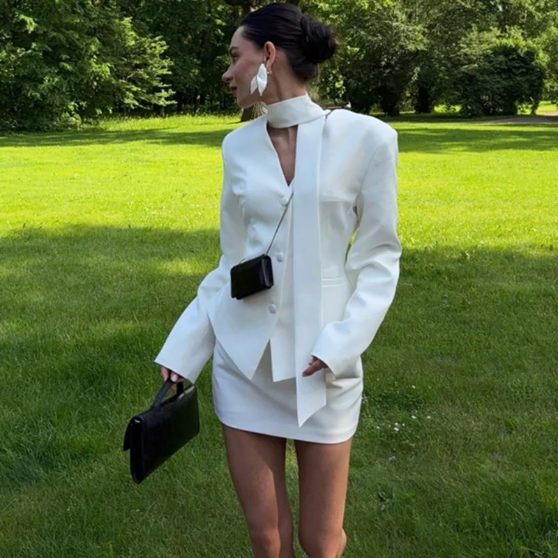 

Tuularose Women's Dress Sets Fashion Scarf Ribbon White Blazer Slim New Skirt Set Elegant Luxury Commuter Chic Female Dress Sets
