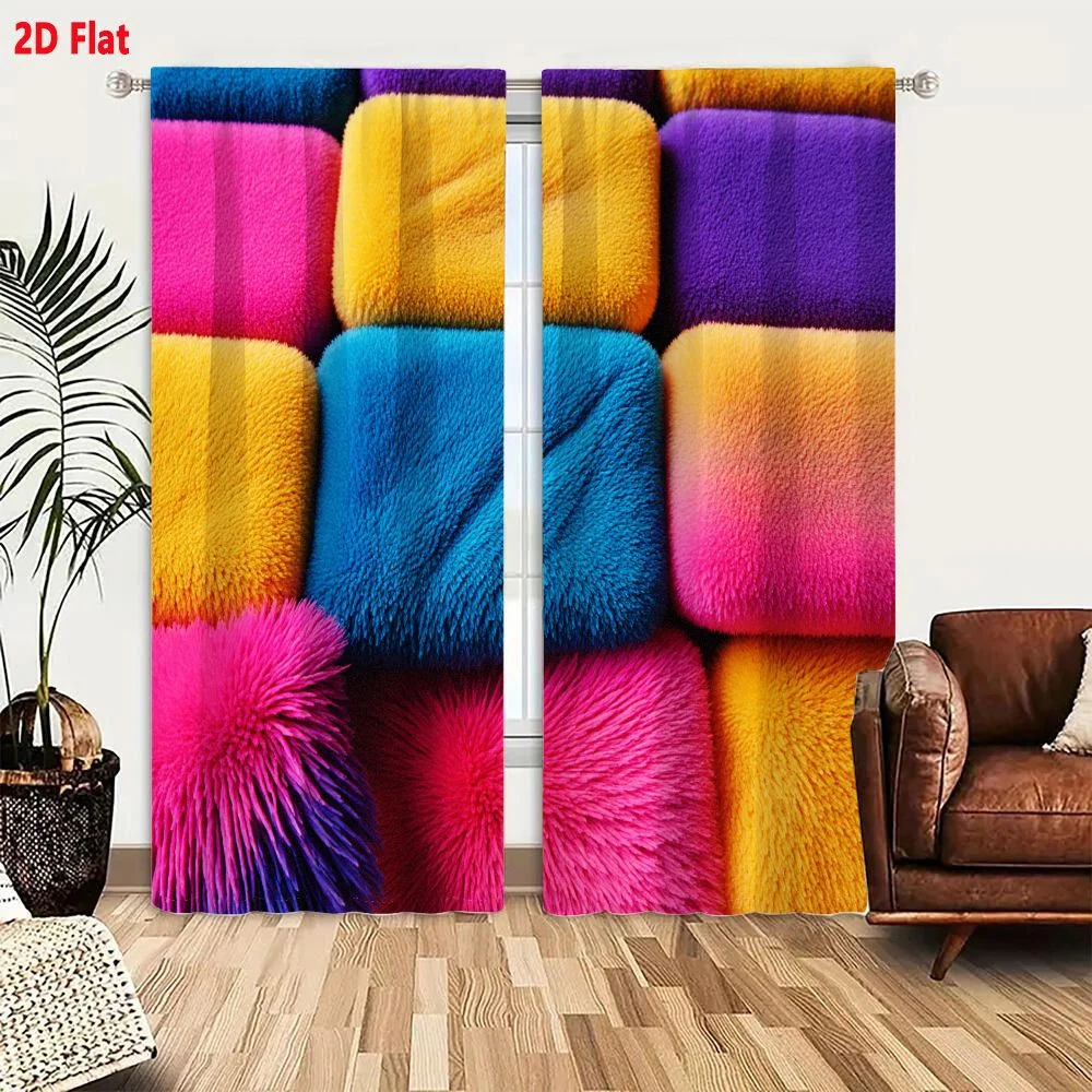 2Pcs Curtains 2D Flat Colorful Plush Cushion Arrangement With Soft Fur And Spiky Tufted Textures In Bright Pink Yellow Purple Gr