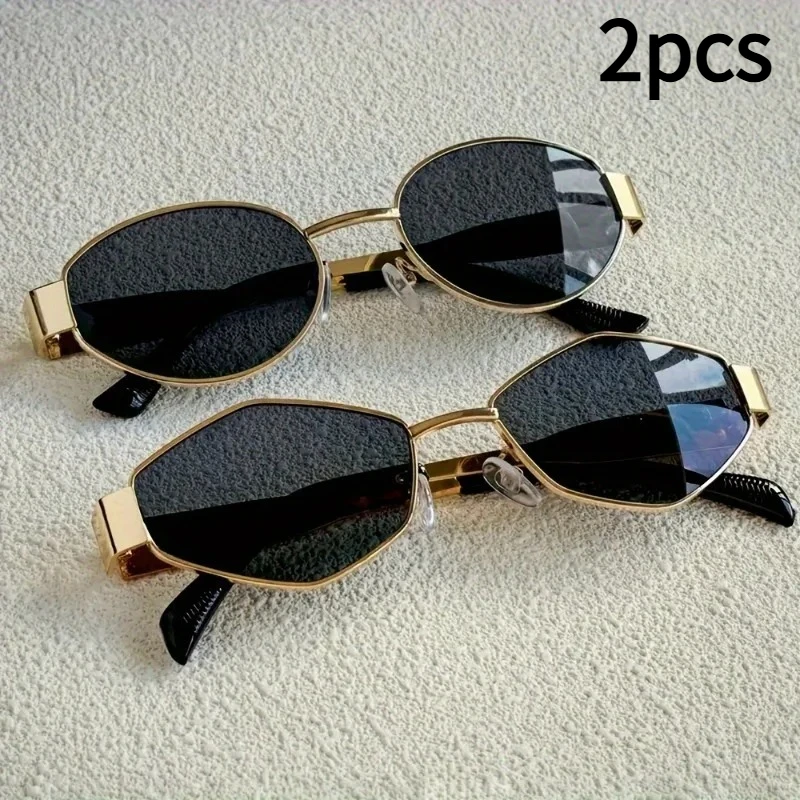 2 Pairs of Summer Women's Fashionable Glasses Retro Gold Frame Trendy Glasses Combination Polygonal Round Frame Design