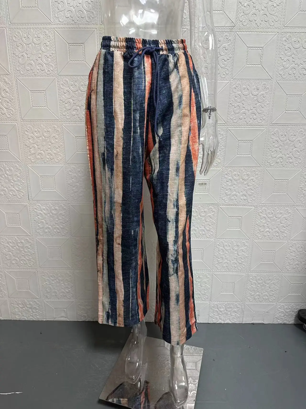 Striped Wide Leg Trousers Women Bohemian High Waist Multi-color Panelled Slim Straight Pants Fashion Lady Beachwear New