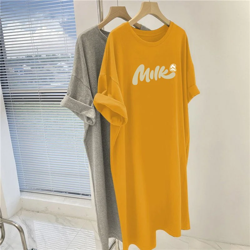 Summer Y2k Letter Printed Short Sleeve Straight Dresses, Women O-neck Loose Casual Knee Length Tunic, Vintage Pullovers Dress