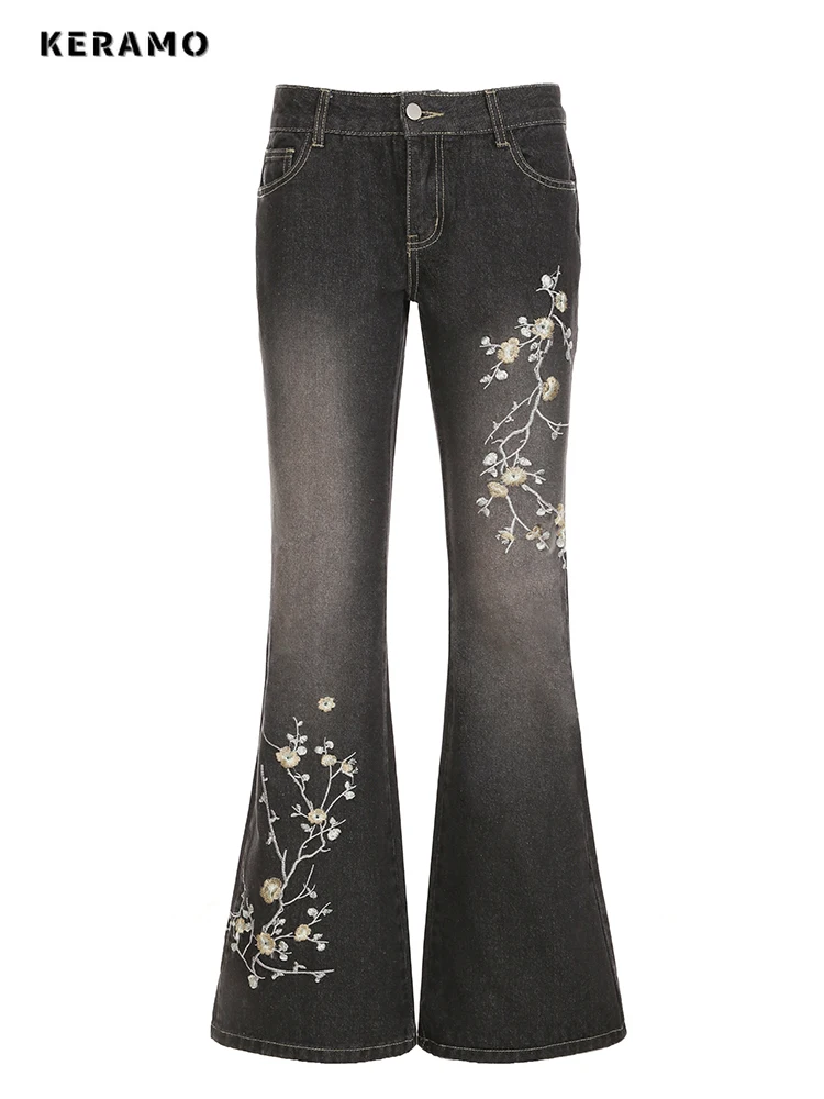 Weekeep Floral Embroidery Jeans Vintage 2000s Low Rise Flared Jeans Women Retro… - Image 6