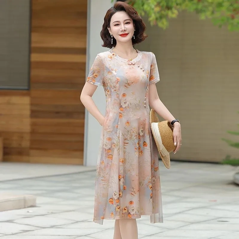 Summer Female Fashion Print Long Dresses Middle Aged Mother Leisure  Improved Qipao Dress Korean Ladies Large Size 5XL Maxi Dress - AliExpress  200000345