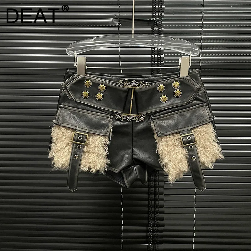 DEAT 2024 Winter New Item Women's Fashion Rivet Black Button Shorts For Women High Waist Belt Pockets Mini Pants Female 11A01998