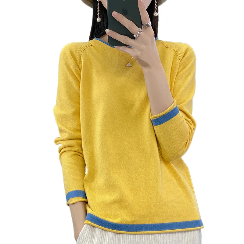 

Women's Cotton Knitwear Sweater Classic Round Neck Spring Autumn New Loose Top Fashion Contrast Color Long Sleeve Basic Shirt