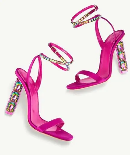 

Carpaton 2023 Newest Open Toe Crystal Heels Women Sandals Summer Sexy Rhinestones Ankle Strap Party Dress Shoes Pumps Green Pink