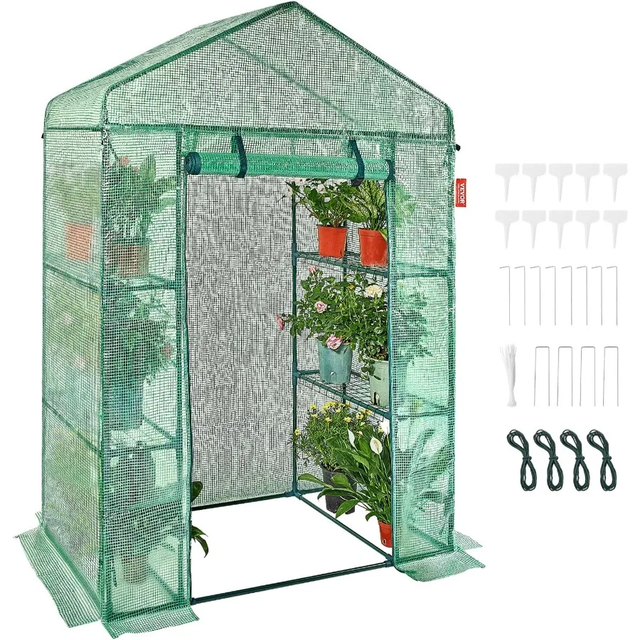 Walk-in Green House 55.5 x 29.3 x 80.7 inch Portable Greenhouse with Shelves High Strength PE Cover with Roll-up Zipper Door a