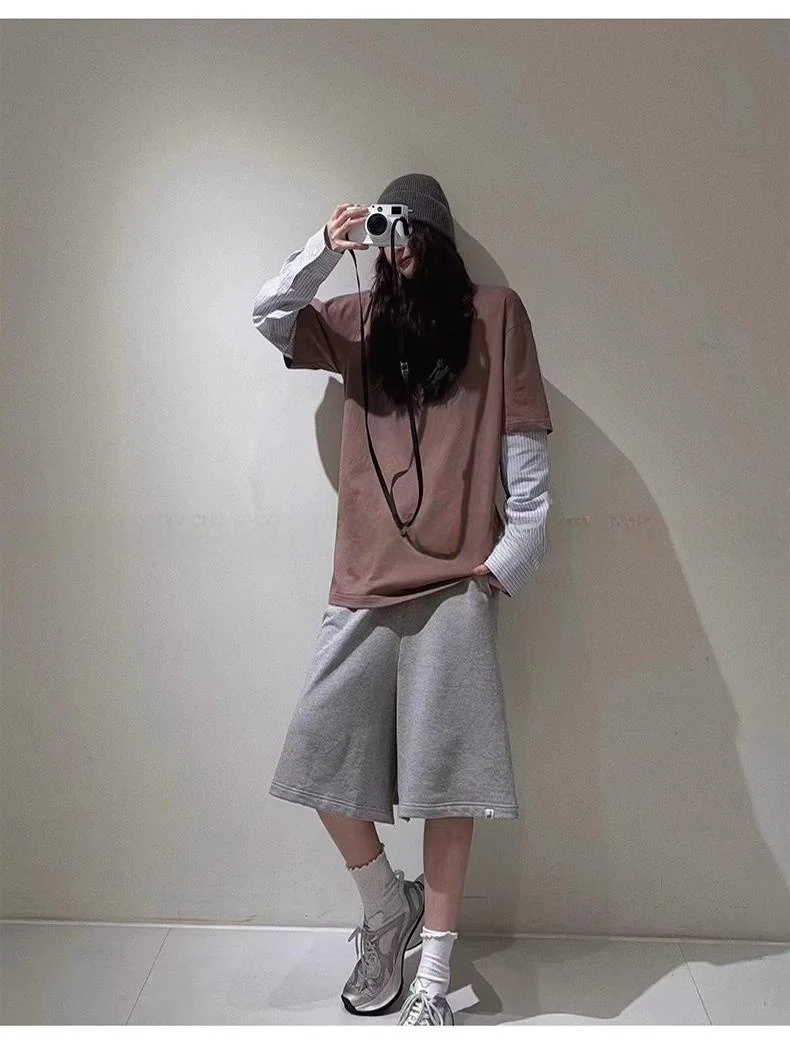 Loose Casual Striped Shirt Sleeve T-Shirt Top UmpushBUTTON 24 Autumn Two-Piece Patchwork Korean Style Cotton Long Sleeve