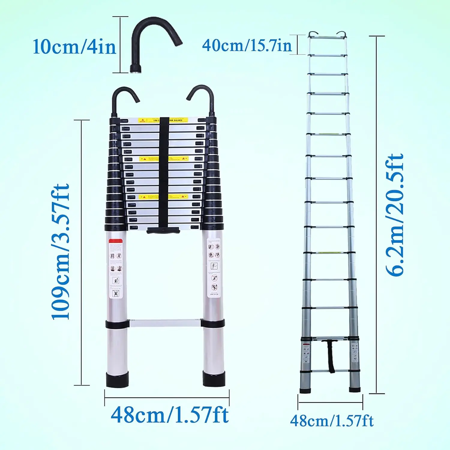 20,5ft aluminium telescopische verlengladder Uitschuifbare ladders met 2 afneembare haken Draagbaar lichtgewicht