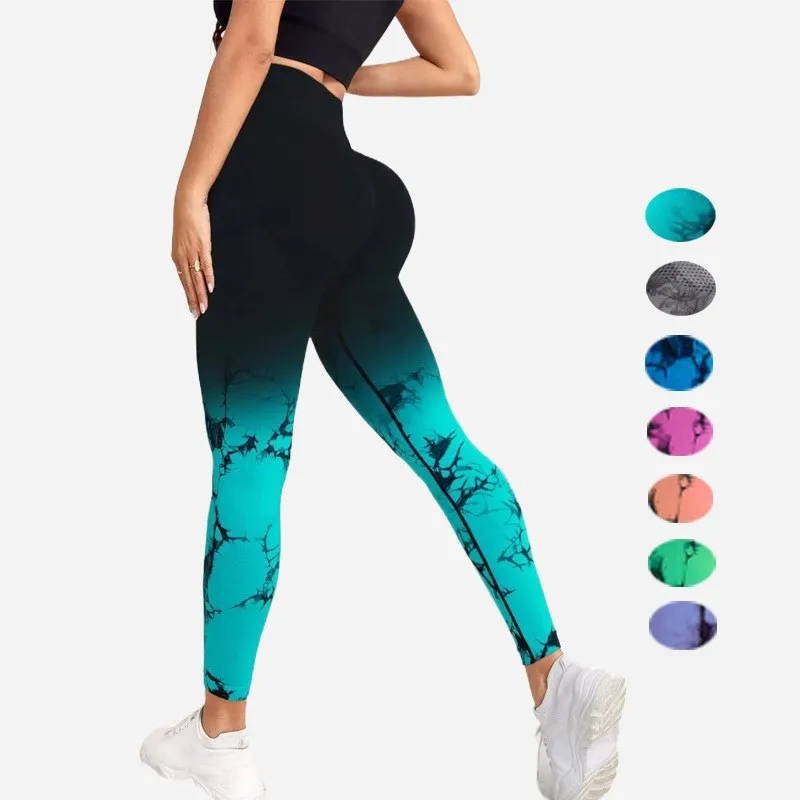 2023 New Gradient Tie Dye Yoga Pants Women Seamless Sport Leggings  High Waist and Hip Lift Fitness Suit Elastic Tights