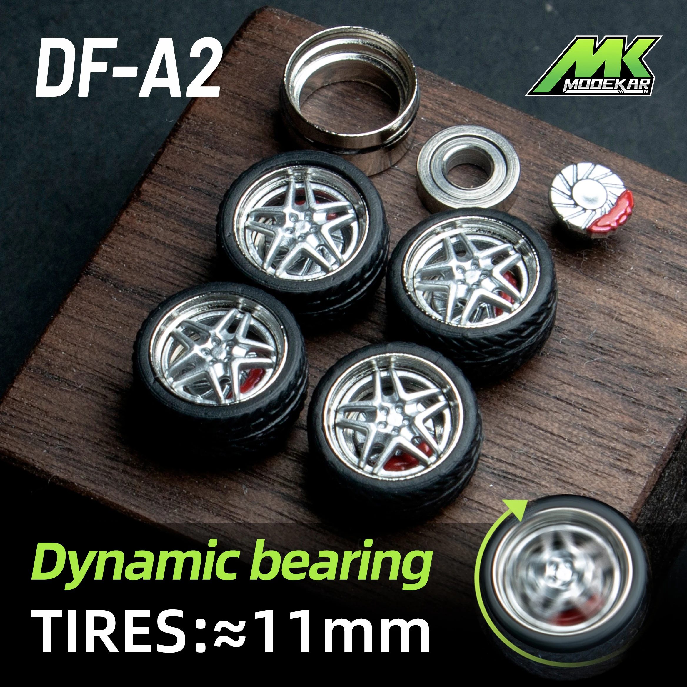 1/64 Dynamic bearing wheels modified wheels Car model rotary disc brake calipers Metal wheels with bearing rubber tires