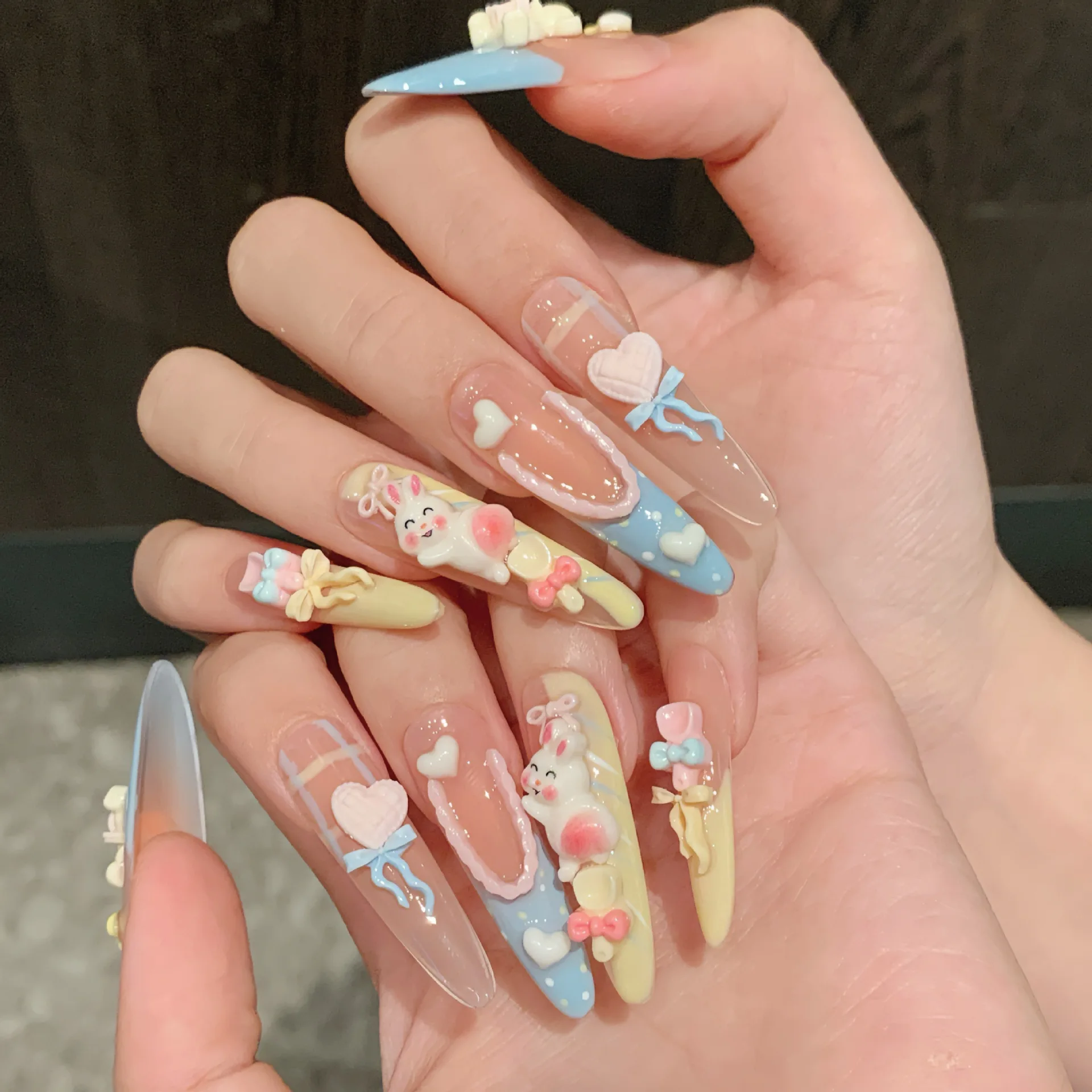 10pcs Cute Bear Rabbit Press On Nails Blue Yellow Macaron French Tip Handmade Fake Nails Blush Long Almond Bowknots False Nail view 3