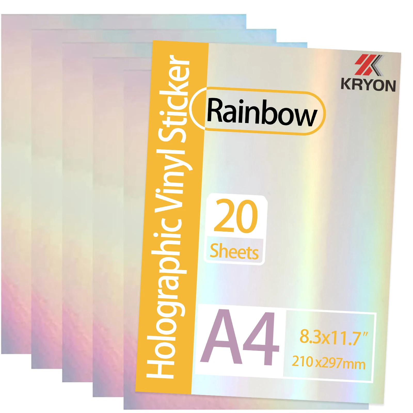 KRYON A4 20 hojas tamaño arcoíris: 8,3x11,7 pulgadas 210x297mm papel adhesivo holográfico brillo película laminada en frío transparente