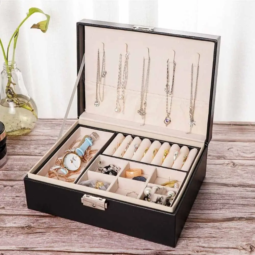 

2 Layer Double-layer Jewelry Box PU Leather Elegant Necklace Earring Box Large Capacity with Lock Jewelry Display Case Women