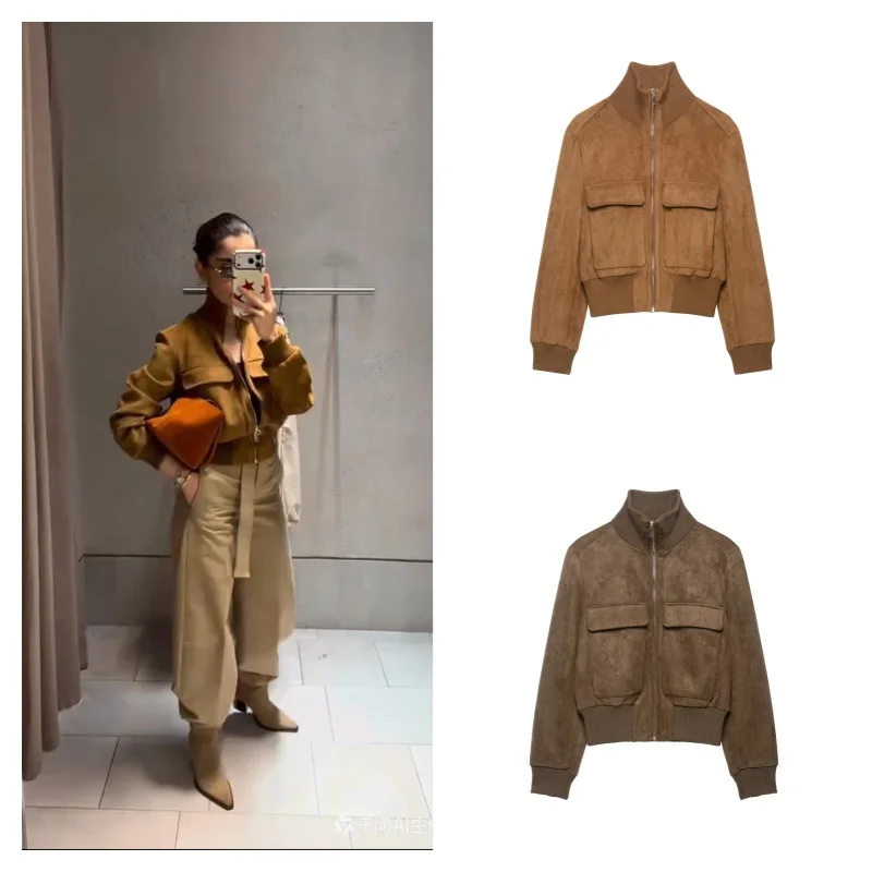 Autumn Women Cropped Flight Bomber Jacket Suede‑Like Fabric Ribbed Collar Cuff Hem Zip Up Big Pockets Vintage Female Outerwear