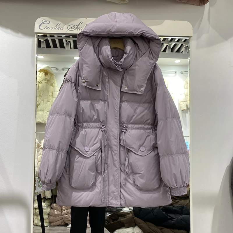 Jaket Musim Dingin Tebal Berkerudung Panjang Sedang Wanita Jaket Bulu Angsa Putih Resleting Parker Jaket Bulu Wanita Tali Serut Pinggang Pakaian Luar Hangat