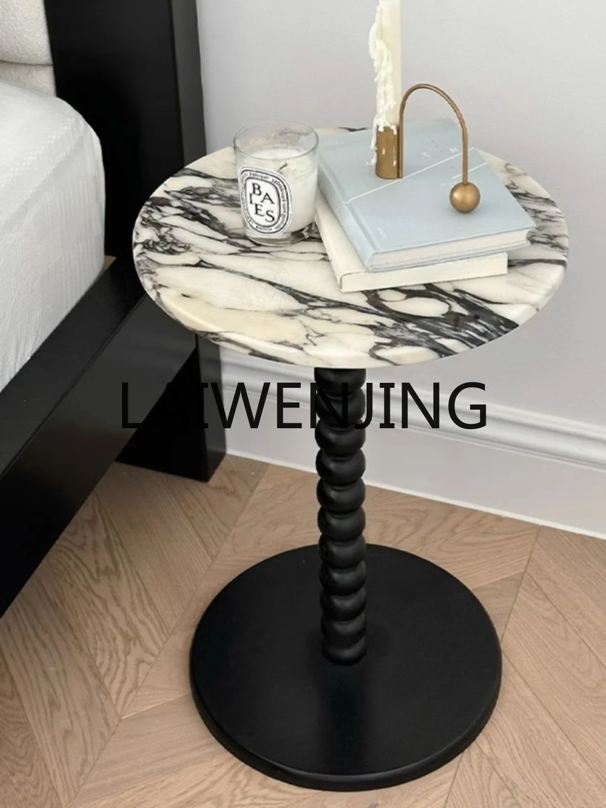 French marble edge table solid wood luxury stone bedside sofa furniture small apartment round coffee table