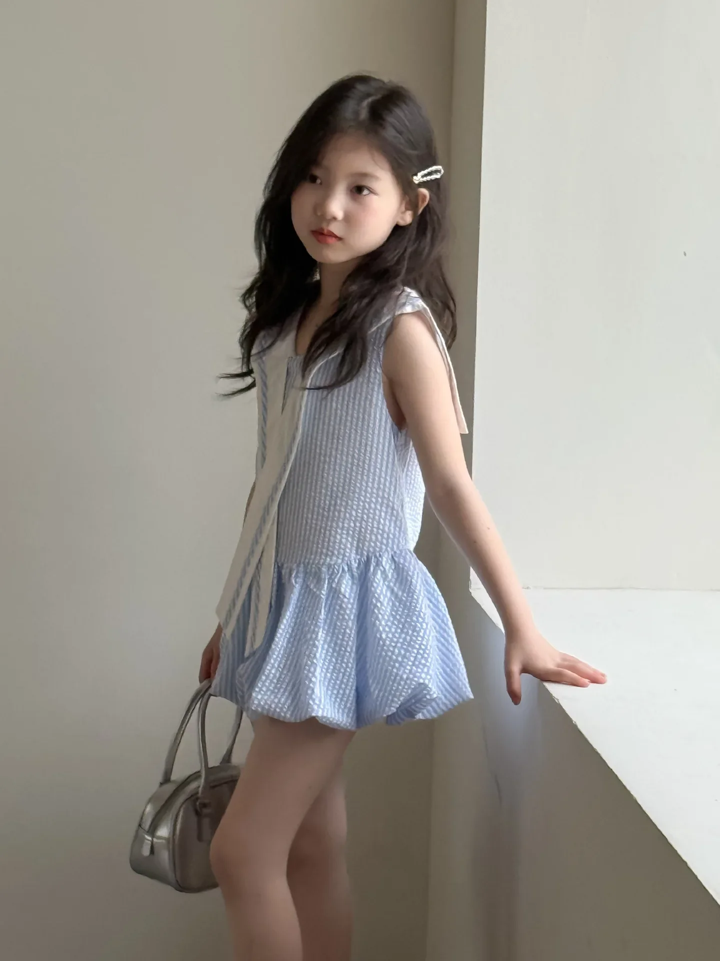 

2025 Summer New College Children's Navy Collar Blue White Plaid Bud Dress Girls Sleeveless Princess Children's Skirt