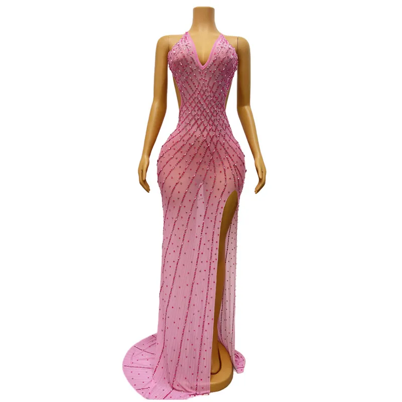 

Sexy Sheer Mesh Pink Green Rhinestones V-neck Backless Trailing Split Long Dress Birthday Prom Party Evening Celebrate Costume