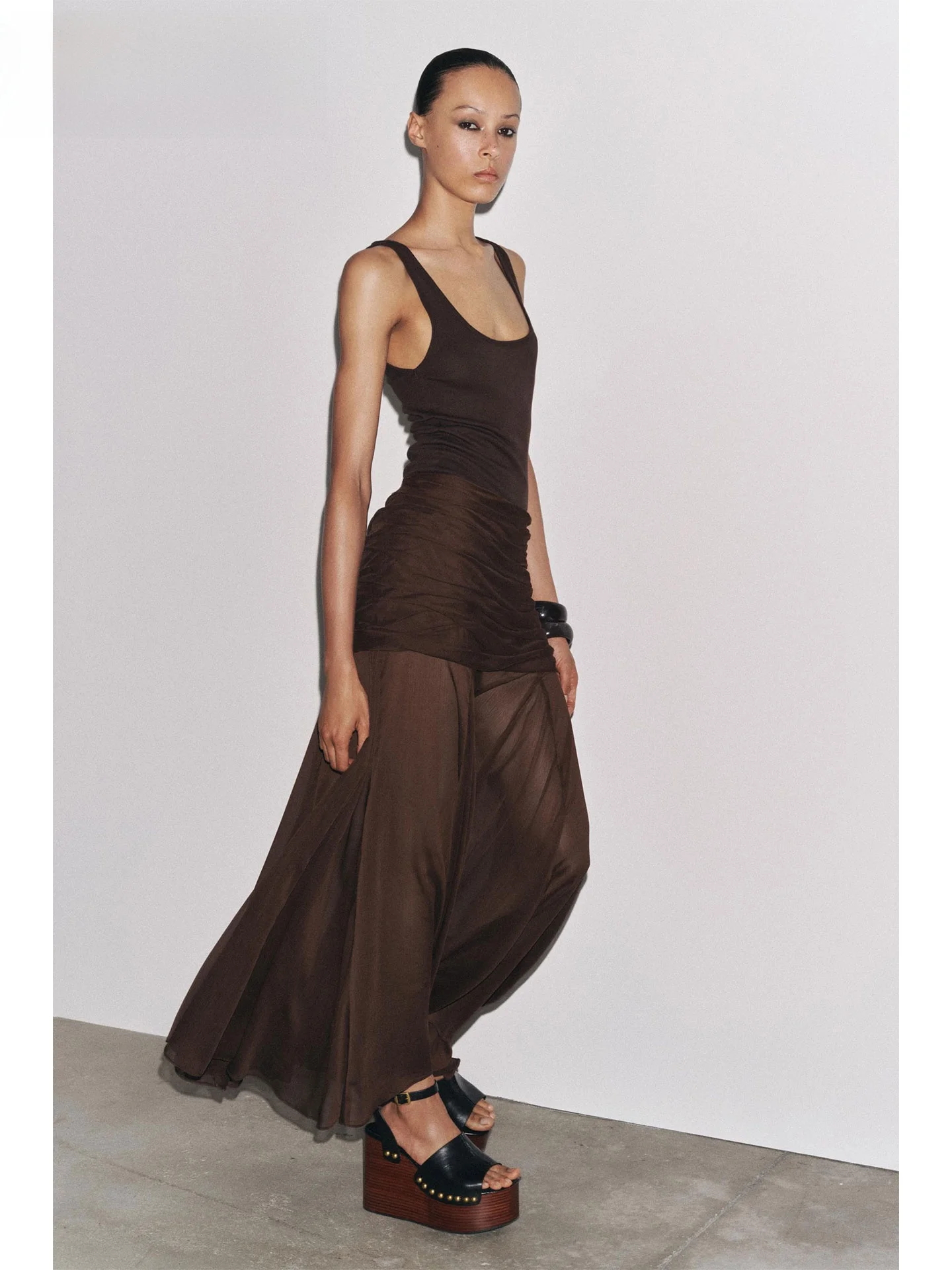

ZAPRHA 2025 New Faion Spliced Brown Semi-Transparent Pleated Design f Skirt Dra Sensation Ele High Waist Casual